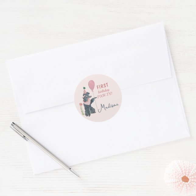 Sticker Rond Anniversaire Paw-ty mignon chiot chien Classic Rou (Enveloppe)