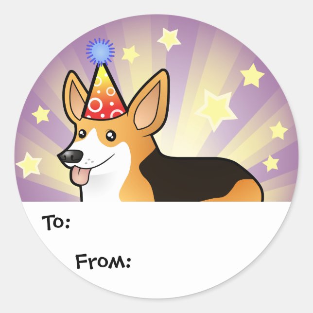 Sticker Rond Anniversaire Pembroke Welsh Corgi Tags cadeaux (Devant)