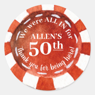 Sticker Rond Anniversaire Poker Chip Rouge Merci Blanc Classic 