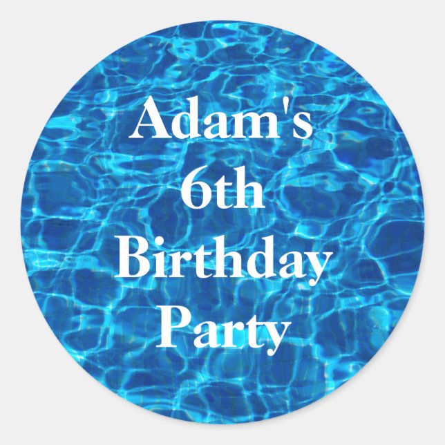 Sticker Rond Anniversaire Pool Party Blue Water Nom personnalis (Devant)