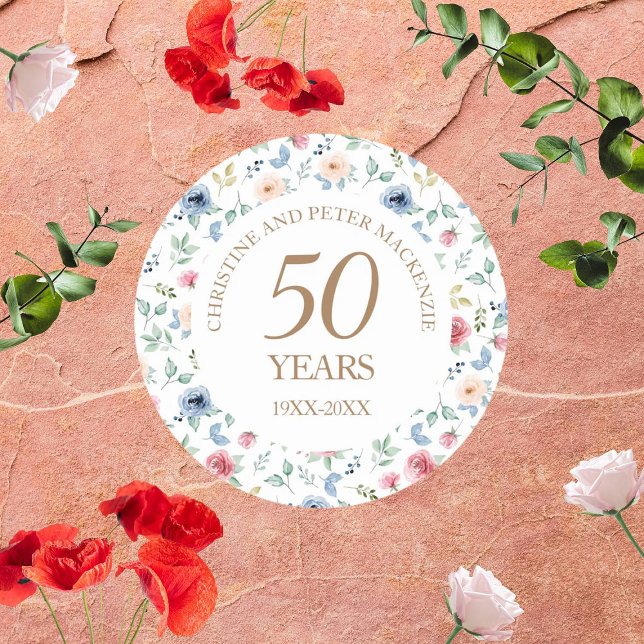 Sticker Rond Anniversaire Rose du 50e Mariage Blush (Créateur téléchargé)