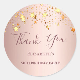 Sticker Rond Anniversaire rose or étoiles Merci