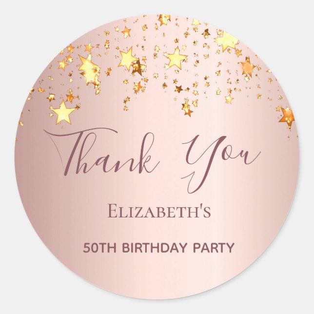 Sticker Rond Anniversaire rose or étoiles Merci (Devant)