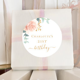 Sticker Rond Anniversaire rose or fleuri eucalyptus verdure