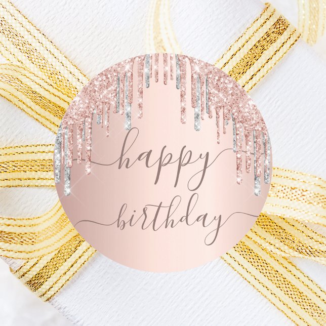 Sticker Rond Anniversaire rose or rose gouttes d'argent (Créateur téléchargé)