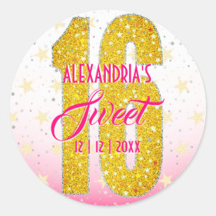 Sticker Rond Anniversaire seize ans   Parties scintillant rose 