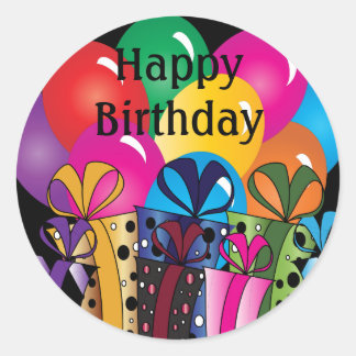 Sticker Rond Anniversaire très heureux | Ballons et cadeaux col