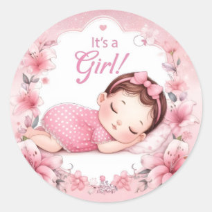 Sticker Rond Annonce de naissance de bébé fille mignonne