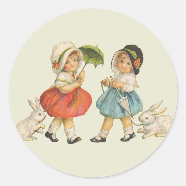 Sticker Rond Antique Enfants Rabat Art de Pâques (Devant)