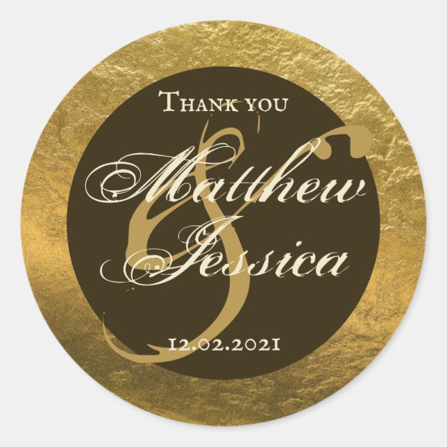 Sticker Rond Antique Gold Faux Metal Nom personnalisé Date (Devant)