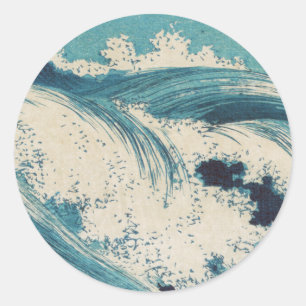Sticker Rond Antique Japonais Bleu Vagues Océan Imprimer