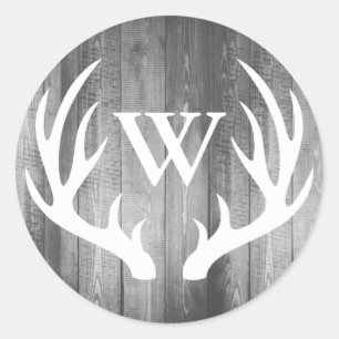 Sticker Rond Antlers de Cerfs Rustiques Gris Gris Grange Bois