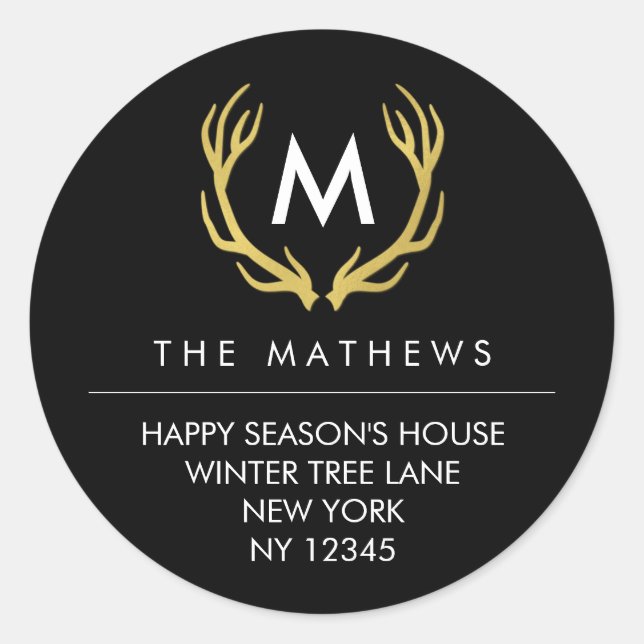 Sticker Rond Antlers de Noël Monogramme Adresse de retour (Devant)