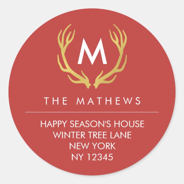 Sticker Rond Antlers de Noël Monogramme Adresse de retour (Devant)