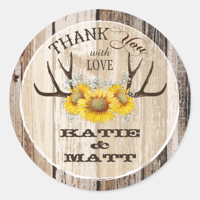 Sticker Rond Antlers rustiques Fleurs de soleil Mariage de pays (Devant)