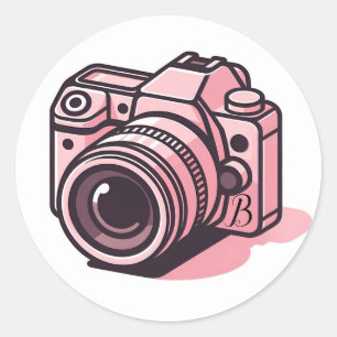 Sticker Rond Appareil photo numérique reflex tendance rose pers