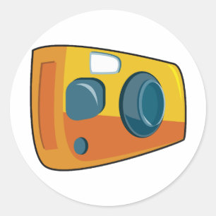 Sticker Rond Appareil photo rétro jaune à objectif et déclenche
