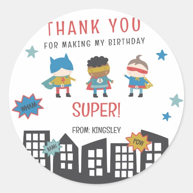 Sticker Rond Appelle tous les super-héros ! Superhero fête d'an (Devant)
