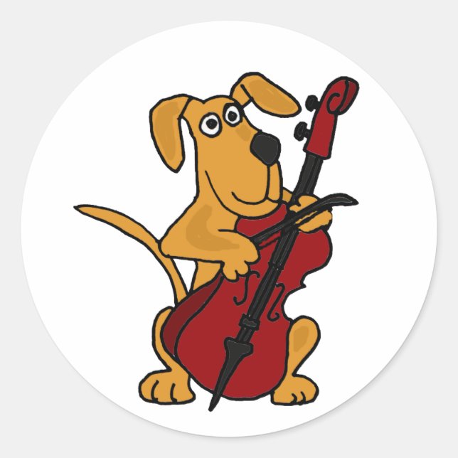 Sticker Rond AQ - Chien chiot Brown jouant au violoncelle (Devant)