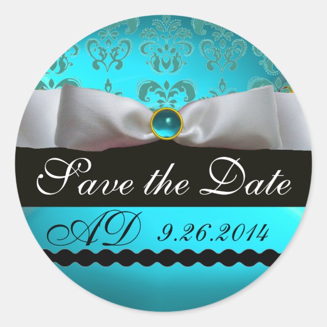 Sticker Rond AQUA BLEU BLANC DAMASK RIBBON MONOGRAM Gemstone (Devant)