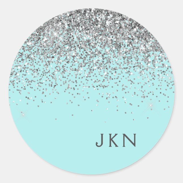 Sticker Rond Aqua bleu sarcelle argenté pailleté Monogramme (Devant)