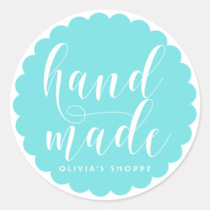 Sticker Rond Aqua Blue Main Fabriquée Moderne Calligraphie