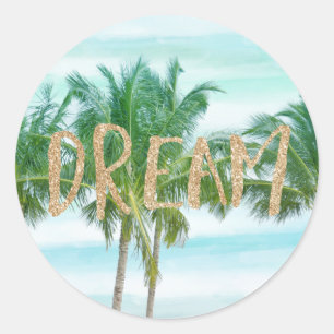 Sticker Rond Aqua Blue Mint White Palm Trees Parties scintillan