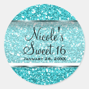 Sticker Rond Aqua Blue Paillettes Glam Douze Ans Faveur de Fête