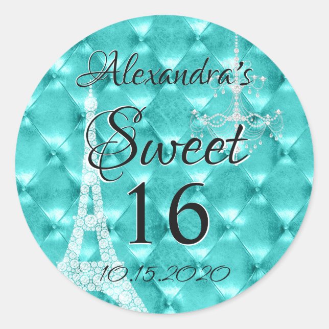 Sticker Rond Aqua Blue Paris Sweet sixteen fête d'anniversaire (Devant)