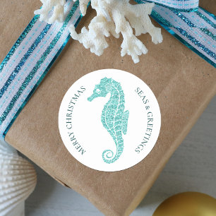 Sticker Rond Aqua Blue Parties scintillant Seahorse Coastal Chr