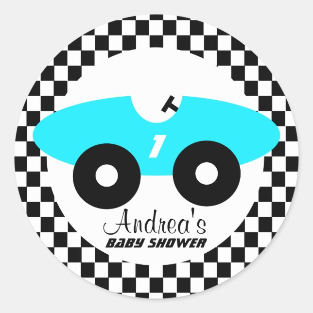 Sticker Rond Aqua Blue Race Car Baby shower (Devant)