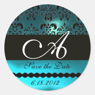 STICKER ROND AQUA BLUE TURQUASE AQUAMARINE DAMASK MONOGRAS