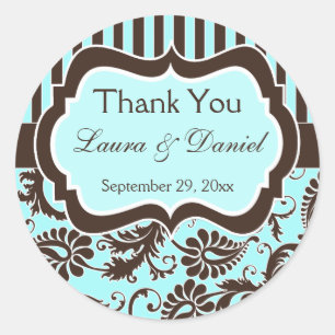Sticker Rond Aqua, Brown, Blanc Stripé Mariage damassé Favor