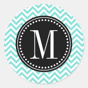Sticker Rond Aqua Chevron Zigzag Personnalisé Monogramme