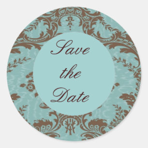 Sticker Rond Aqua Chocolate Damask Annonce de Date de Mariage