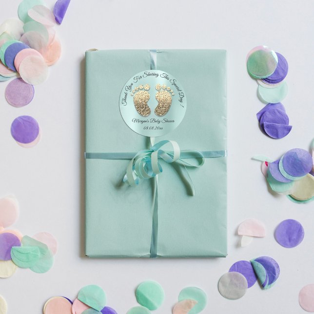 Sticker Rond Aqua Gold Parties scintillant Pieds Baby shower Fa (Aqua Gold Glitter Feet Baby Shower Favor Thank Classic Round Sticker)
