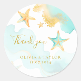 Sticker Rond Aqua & Gold Starfish Beach Merci Mariage Faveur