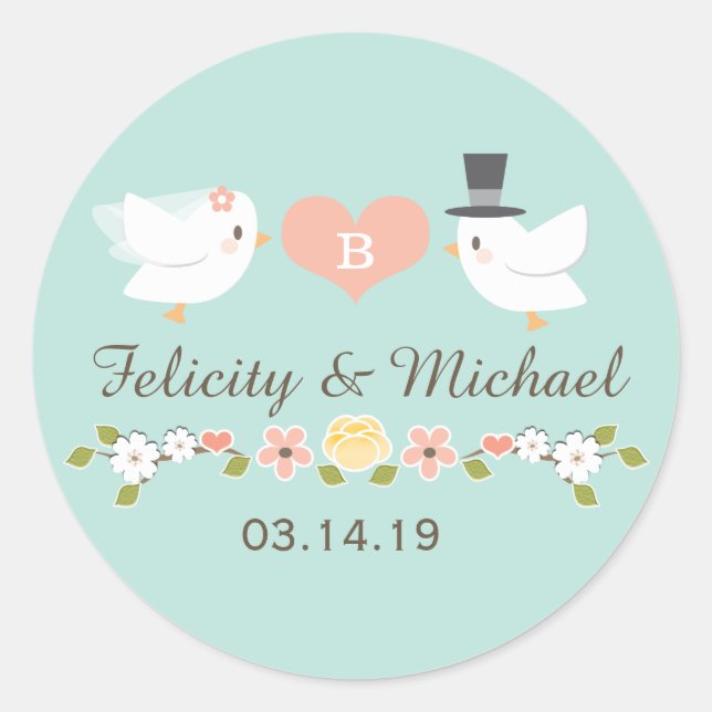 STICKER ROND AQUA MONOGRAM DOVE INSÉPARABLES MARIAGE (Devant)
