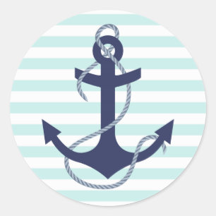 Sticker Rond Aqua nautique et rayures blanches Marine Ancre ble