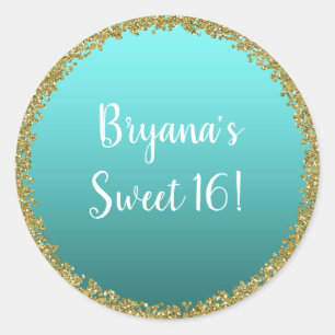Sticker Rond Aqua Sarcelle Doré Pailleté Glamour Étincelle Fête