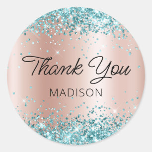 Sticker Rond Aqua Turquoise Parties scintillant Rose Gold Shimm