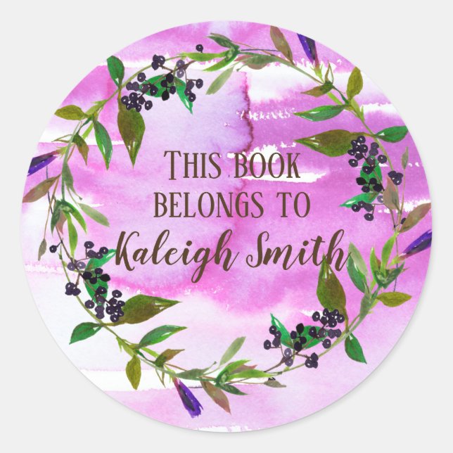 Sticker Rond Aquarelle à feuilles vertes pourpres Berry Nom (Devant)