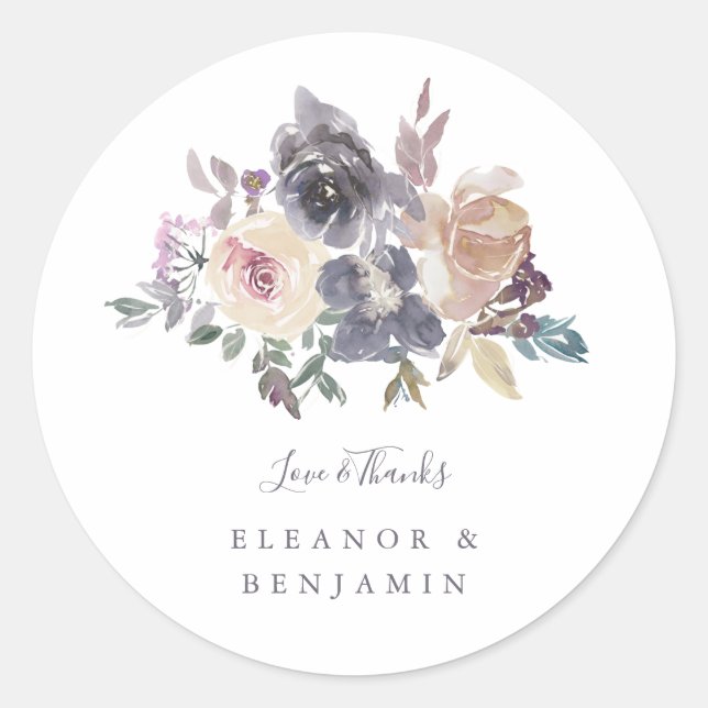 Sticker Rond Aquarelle à fleurs pourpres Dusty Mariage personna (Devant)