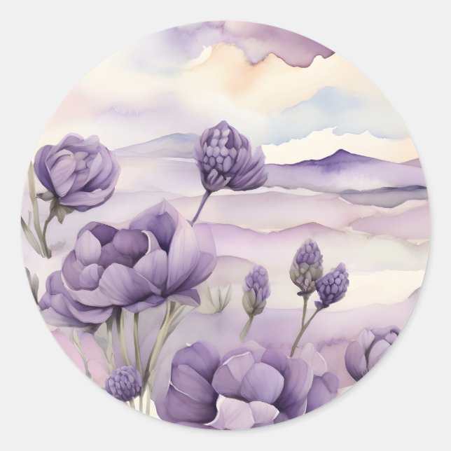 Sticker Rond Aquarelle à fleurs violettes Dreamy (Devant)