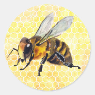 Sticker Rond Aquarelle Abeille sur les chevalets de nid d'abeil
