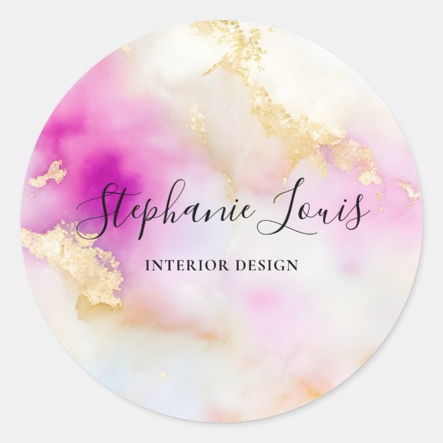 Sticker Rond Aquarelle Abstraite féminine rose or élégant (Devant)