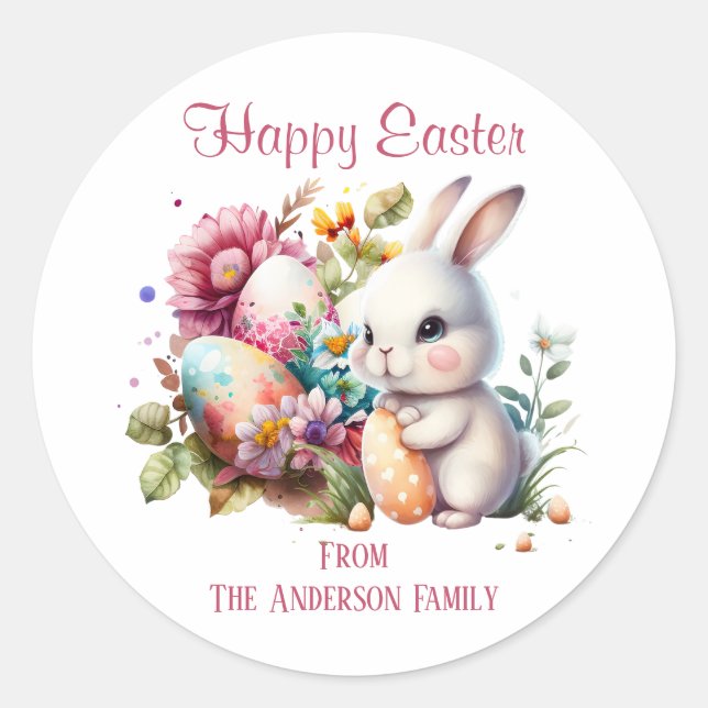 Sticker Rond Aquarelle adorable Lapin de Pâques Classic Round (Devant)