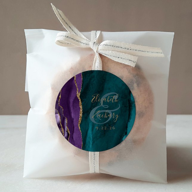 Sticker Rond Aquarelle Agate Script Purple Gold Turquoise Maria (Créateur téléchargé)