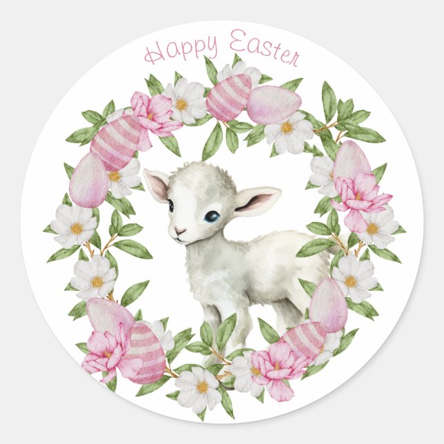 Sticker Rond Aquarelle Agneau de Pâques Personnalisé (Devant)