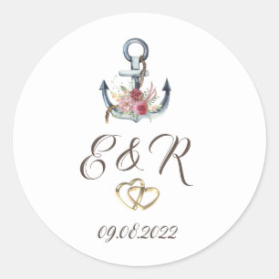 Sticker Rond Aquarelle Ancre Fleurs Nautiques